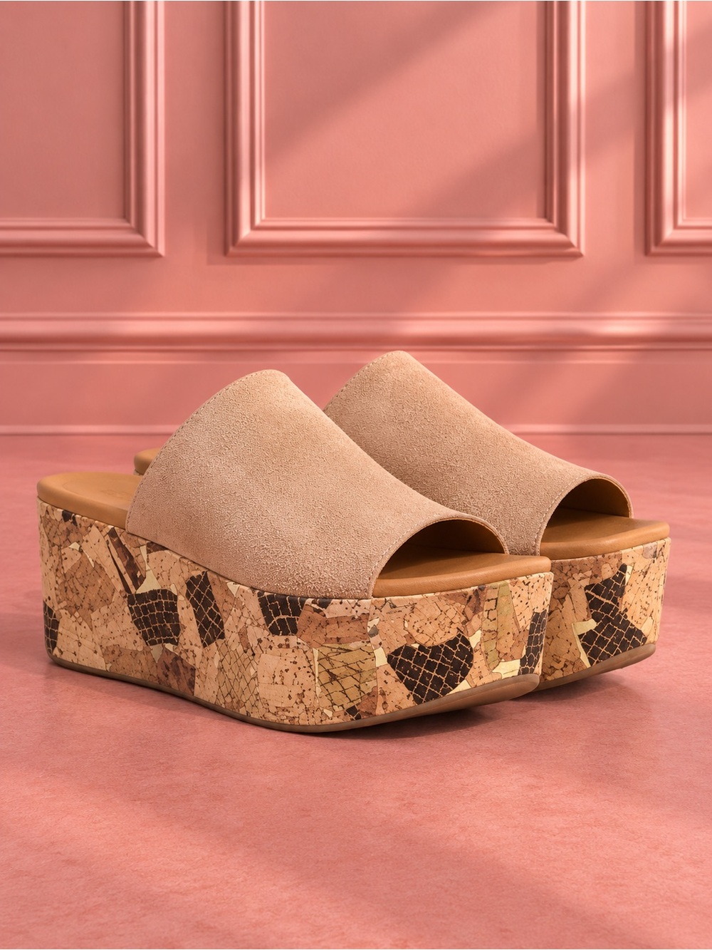 See by Chloé Liana Tan Suede Slide Graphic Printed Cork Platform Sandals
